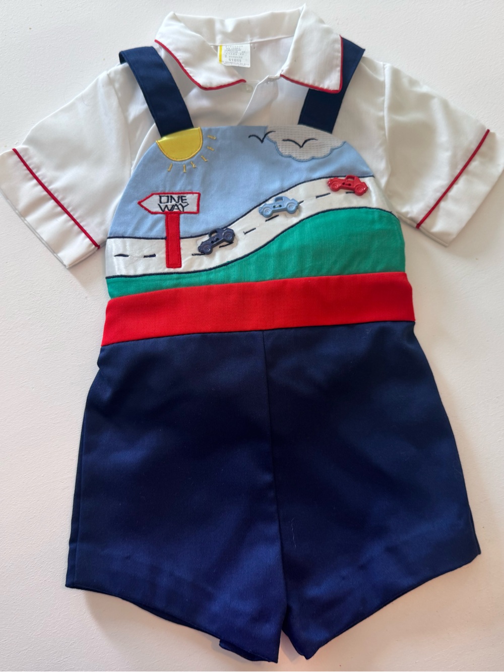 Vintage Boys Romper with Road & Car Appliqué — Navy, Red, Green, White